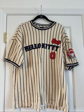 Hello Kitty Cream and Navy Pinstripe Baseball Tee with Red Accent